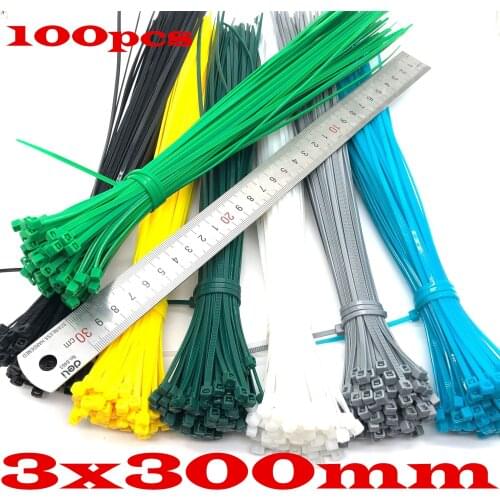 Electrical cable ties 100pcs 3x300mm Assorted Self-locking Nylon Cable Ties Black Plastic Zip Tie