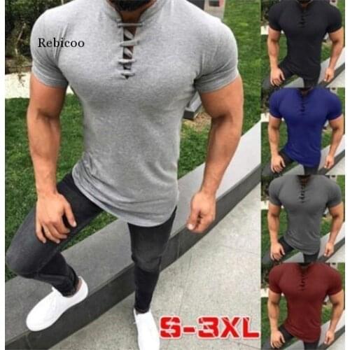 New Mens Sexy Bandage t Shirt Tops Male Black Gray Slim Fit Solid Color Mandarin Collar Short Sleeve t Shirt