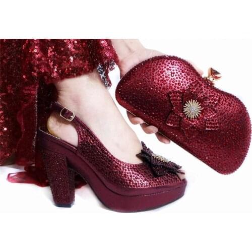 Gorgeous wine women pumps with crystal flower style african dress shoes match handbag set GL1912-3,heel 10.5CM