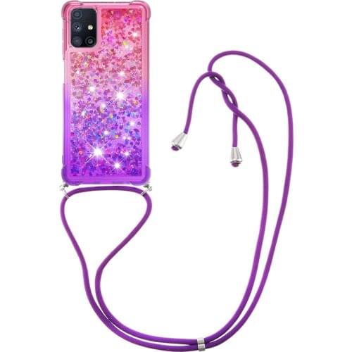 Gradient Crossbody Phone Straps Case For Samsung Galaxy M51 Glitter Liquid Quicksand Air Cushion Reinforced Corners Cover