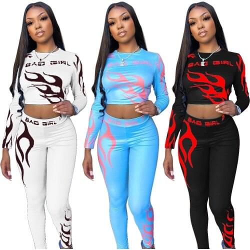 Echoine Women Flame Letter Print Active Wear Set Long Sleeve T-shirt Jogger Pants Suit Sports Tracksuit Two Piece Set Outfit