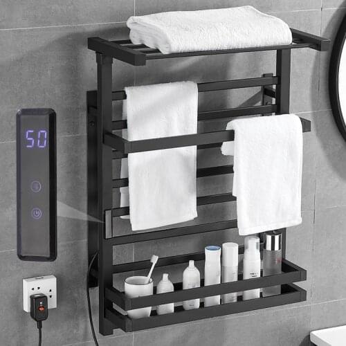 Large size Foldable towel warmer With LED Timer Classic Black Electric towel rack With shelf Aluminium alloy towel warmer rack
