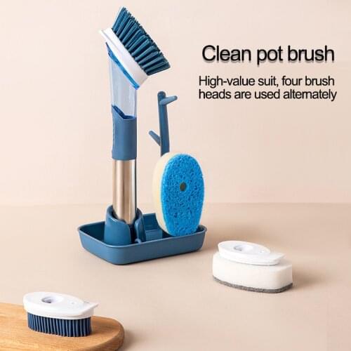 4 In 1 Kitchen Cleaning Brush Set Long Handle Cleaing Brush with Removable Brush Sponge Dispenser Dishwashing Brush with Holder