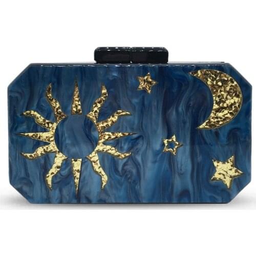 New Ladies Dark Blue Acrylic Clutch Bag Fashion Star Moon Octagonal Dinner Bag Wedding Party Dress Bag Evening Clutch Bag