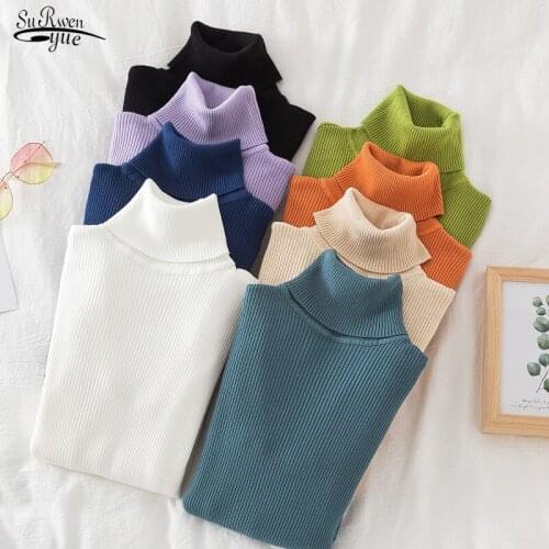 2021 Autumn Rainbow Long Sleeve Knitted Sweater Pullover Jumper Turtleneck Sweater Winter Casual Green Slim Woman Sweater 17042