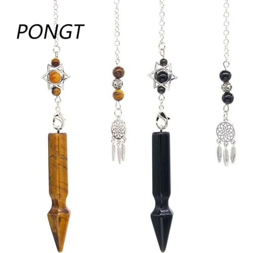 PONGT Natural Stone Pendulums Dowsing Reiki Energy Cylindrical Cone Shape Crystal Merkaba Star Pendulos Dreamcatcher Pendant