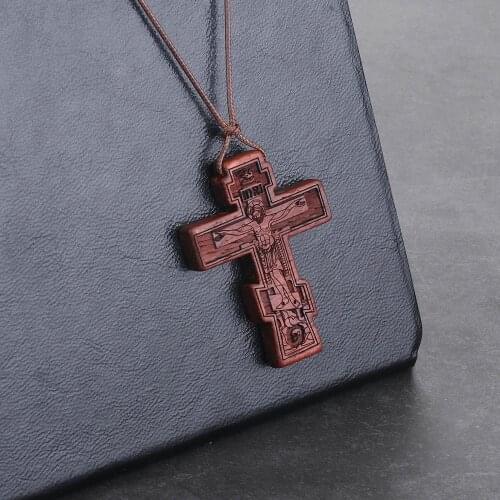 Orthodox Natural Wooden Umbila Crucifix Cross Jesus Pendant Necklaces Adjustable Leather Rope Chains Necklaces INRI Jewelry Gift