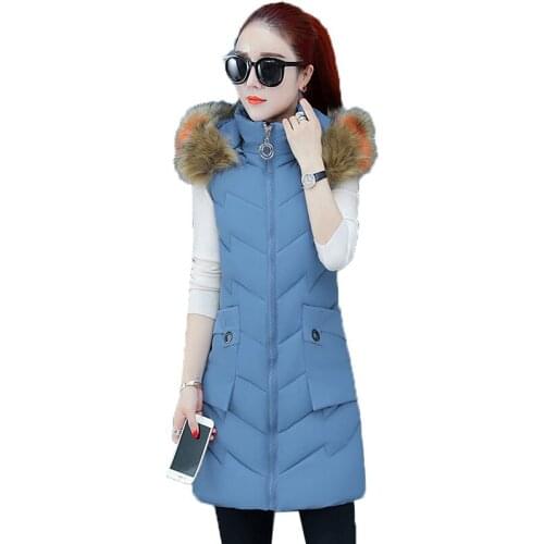 Down Cotton Vest Jacket Autumn Winter Women New Korean Slim fit Hooded parkas Female Mid-length Big fur Collar Cotton Vest T322