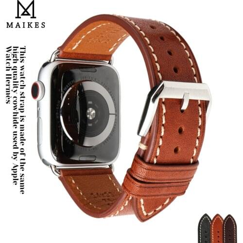 MAIKES Retro Genuine Leather Watchband for Apple Watch Strap Hermes 38mm 42mm Series se 6 5 4 3 2 1 iWatch 6 Band 44mm 40mm