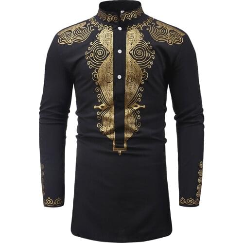 New Mens Print African Dashiki Shirt Male Longline Stand Collar Long Sleeve Shirt Men Traditional African Clothing Chemise Homme