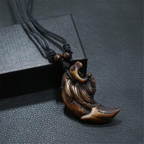 Vintage Adjustable Rope Chain Long Necklace For Men Women Resin Lion Head Pendant Necklaces Ethnic Tribe Jewelry