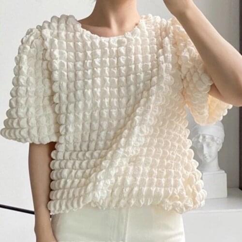 Women Casual Solid Color T-Shirt Designer Fluffy Plaid Top O-Neck Puff Sleeve Short-Sleeved Loose T-Shirt Streetwear Korean Top