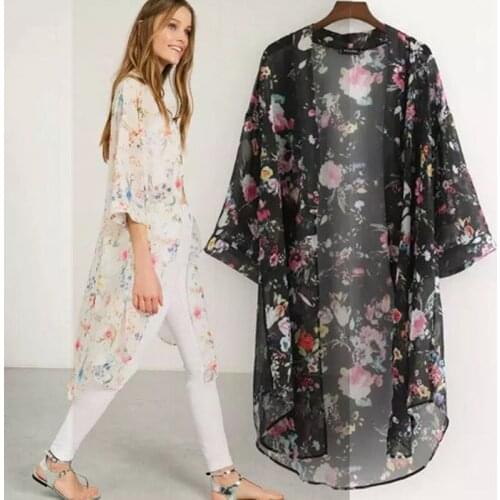Women Vintage Floral Chiffon Shirts Loose Shawl Kimono Cardigan Boho Tops Long Sunscreen Jacket Blouse