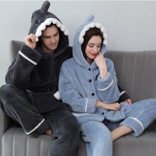 Women Winter Hooded Shark Cartoon Warm Flannel Sleep Tops Plus Size Coral Fleece Pajamas Set Thick Warm Sleepwear Men Nightgowns