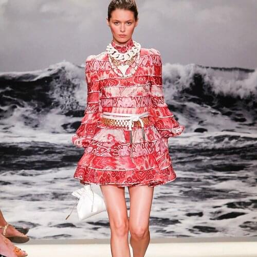 High quality dress pleat print women dress A-line high neck line long sleeve mini party luxury womans clothing vestidos