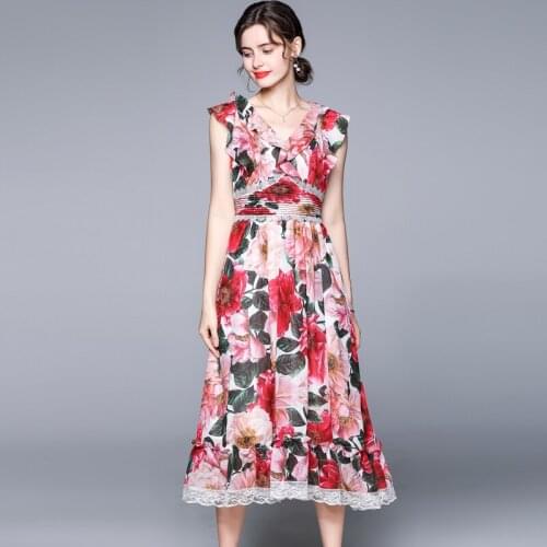 2021 Summer Runway Floral Patchwork Lace Chiffon Maxi Dress Women Sleeveless Elegant Printed Beach Boho Party Dresses Robe