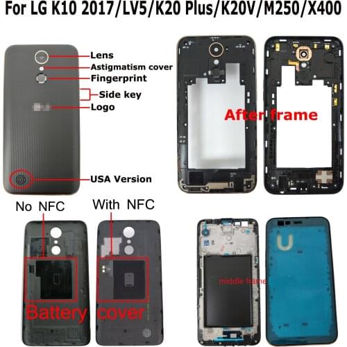 100% Orig New 5.3" For LG K10 2017/LV5/K20 Plus/K20V/M250/X400 Rear Back Door Housing Battery Door Cover Middle front frame