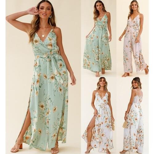 2021 Spring And Summer New Womens V-neck Floral Printed Casual Jumpsuit Plus Size Female Sleeveless Beach Siling Trousers Set