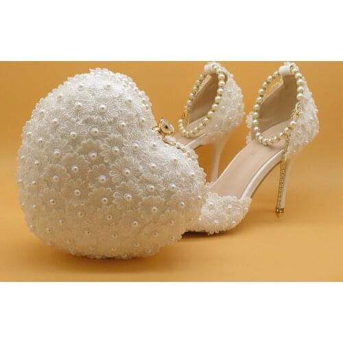 BaoYaFang Fashion Lace Flower Wedding Shoes With Matching Bags High Heels Pointed Toe Ankle Strap Ladies Party shoe and purse