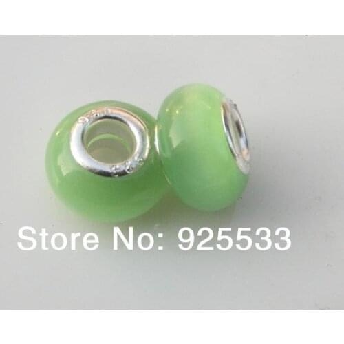 Free Shipping 50pcs 8x14mm silver plated core Big Hole cat eye green Glass Beads fit European Jewelry Bracelet Charms DIY