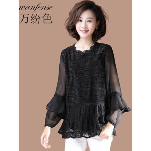 Blouse Women Large Size Womens Spring Lace Chiffon Long-Sleeved Top Female Loose Shirt Blusas Mujer De Moda
