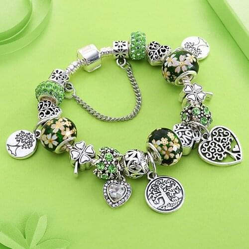 Dropshipping Green Tree of Life Charm Bracelet Silver Color Heart Flower Bead Bracelets & Bangles Fashion DIY Jewelry Gift HOT