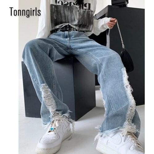 Tonngirls Blue Ripped Jeans For Women Streetwear Loose High Waisted Jenas Demin Wide Leg Trousers Women Korean Fashion Summer