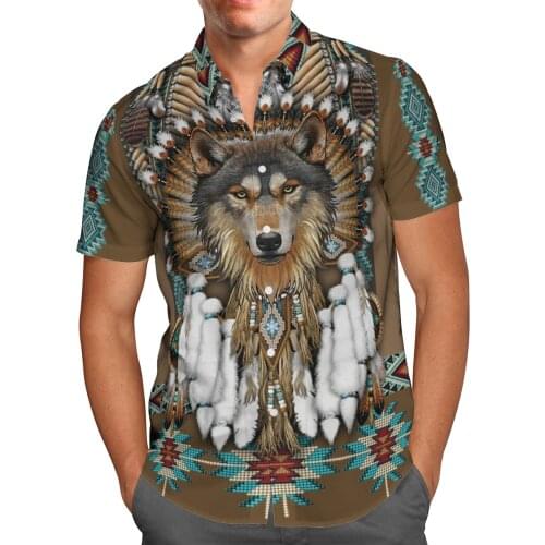 Native Wolf 3D Beach Hawaiian 2021 Summer Vintage Shirt Short Sleeve Shirt Streetwear Oversized 5XL Camisa Social Chemise Homme