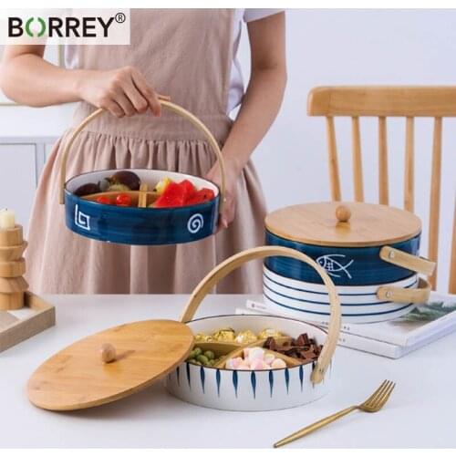 BORREY Ceramic Fruit Platter with Lid Modern Simple Household Light Luxury Round Snack Dried Fruit Storage Box Nut Grid Plate