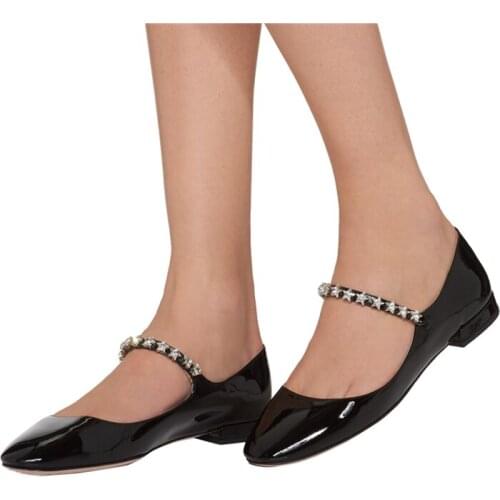 Moraima Snc Round Toe Flat Shoes Woman Crystal Embellished Patent Leather Ballet Flats Vintage Mary Janes Black Silver