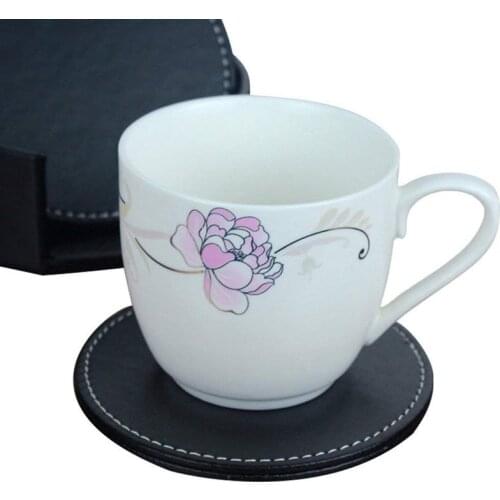 Set of 6 Leather Drink Coasters Round Cup Mat Pad for Home and Kitchen Use Black