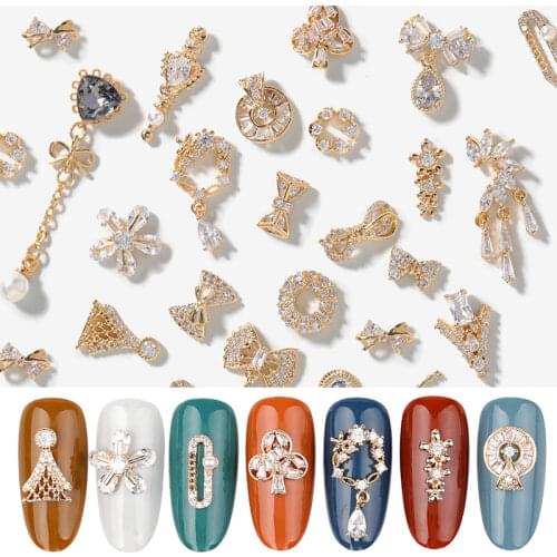 Latest 2 pc alloy Zircon Nail art decoration luxury zircon rhinestone tassel heart wing nail jewelry high end long nail charms