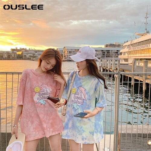 OUSLEE Women SummerTie-dye Harajuku Cute CottonT-shirt Oversized Streetwear Ladies Tshirt Short Sleeve Tshirts Casual Tops