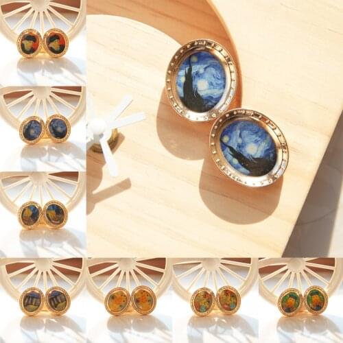 Van Gogh Painting Stud Earrings The Starry Night Ear Studs Van Gogh Sunflowers Round Jewelry Women Statement Earrings Wholesale