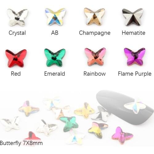 Hot sale New Butterfly 7x8mm Nail Art Rhinestones 9 colors Fancy Crystal stones 30/100Pcs For 3D Nail art decoration