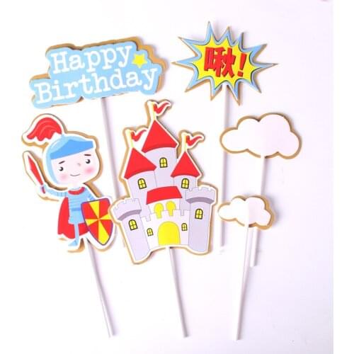 6pcs/set Double Layers Castle Knight Prince Theme Happy Birthday Cake Topper Boys Kids Favors Party Supplies Cake Decorations