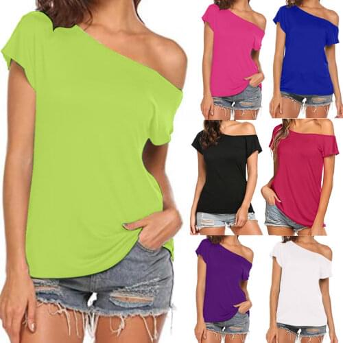 XUANCOOL 2020 Women Tops Candy Colors Casual Off Shoulder Short Sleeve Irregular Loose Summer Tops Tee Shirt t shirt Large Femme
