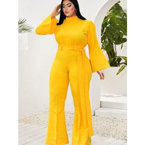 Yellow Jumpsuit Women Elegant One Piece Outfit Bodycon Long Sleeve Bodysuits Plus Size Office Daily Party Overalls Dropshipping