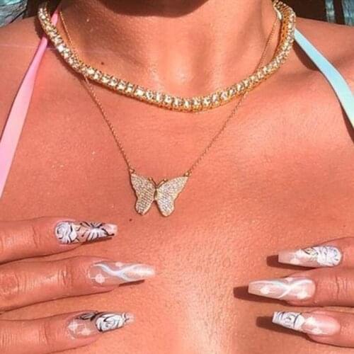 Women Fashion Crystal Butterfly Pendant Necklace Rhinestone Chain Sweet Choker Necklace Party Jewelry Gifts