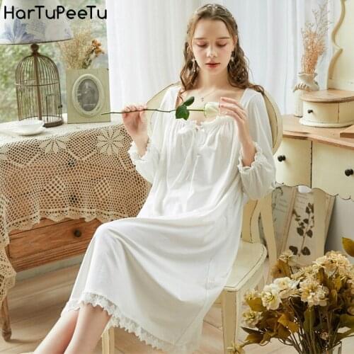 Women Cotton Nightdresses Victorian Style Long Sleeve Vintage Nightgown Nightdress Court Princess Lace Sweet Loose Size Homewear