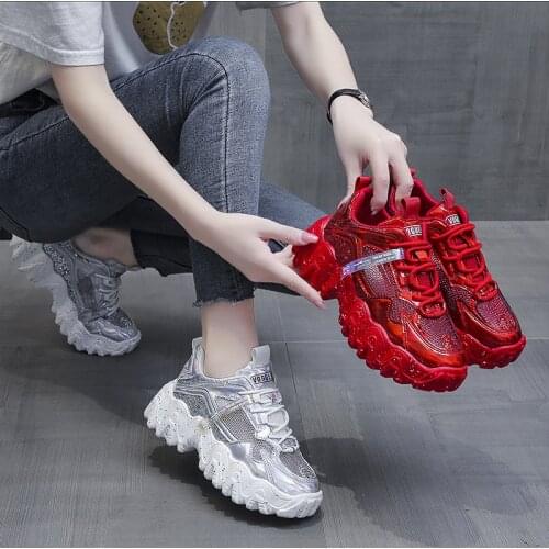 2021 Fall Hot Sale Sneakers Women Platform Shoes Sequined Lace-Up Vulcanize Shoes Female Trainers Dad Shoes Increase 5cm