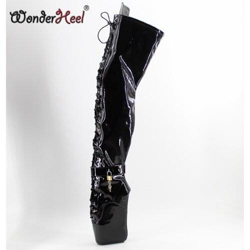 Wonderheel extreme high heel 7" wedges heel ballet thigh high boots sexy high heels lacing black shiny padlocks over knee boots