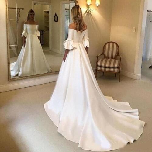 Modest Strapless A-Line Wedding Dresses Half Sleeves Princess Women Fashion Long Satin Bridal Gowns Pleated Ruched