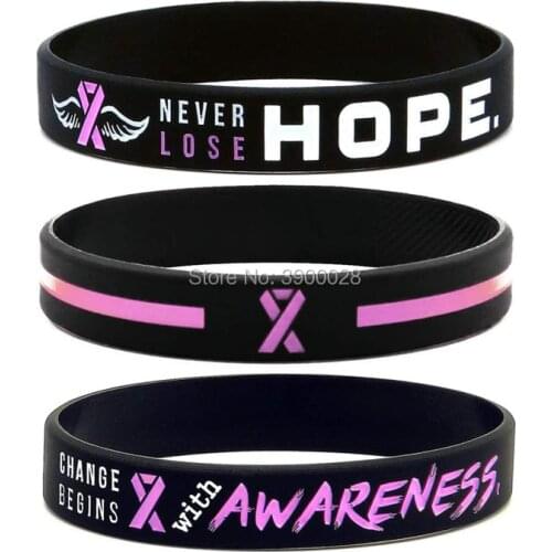 100pcs Black Breast cancer awareness pink ribbon silicone wristband bracelet free shipping