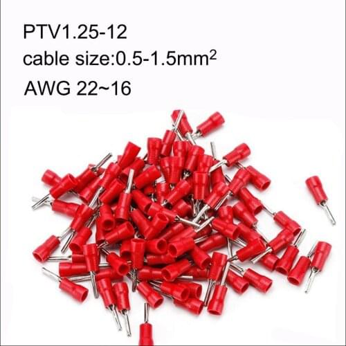 1000PCS PTV1.25 -12/9/10/13 pin-shaped pre-insulated bare end cold-pressed terminal copper AWG22-16 cable 0.5-1.5mm2 Imax 19A