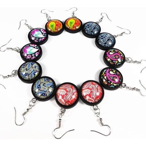 24pairs Cashew Flowers earrings Wood Tray Cabochon with Paisley Buddhism Glass Cabochon Ethnic Style Drop Earrings for women