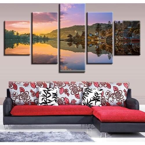 5 Panel 3D Diy Diamond Painting Lakeside scenery, natural scenery Wall Pictures Diamond Embroidery Mosaic Full WW276