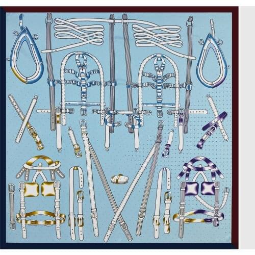 90cm Horse Harness Foulard Square Scarves Luxury Twill 100% Silk Scarf Brand Hijab Scarf Design Hand Rolled Edges Women Shawl