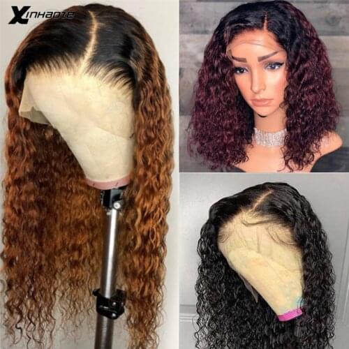 Brazilian Remy Hair Water Wet Wavy Glueless PrePlucked Ombre #1bT30 Burgundy 13x4 V Part Lace Front Human Hair Wigs Xinhaoze