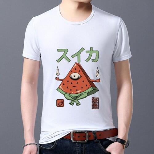 Mens Printed T-shirt Trendy Cute Monster Pattern Series Mens Short-sleeved White Classic O-neck Mens Shirt All-match Shirt